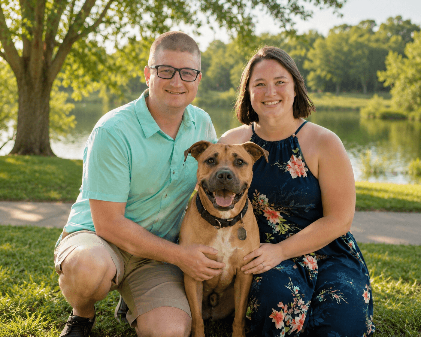 Brittany, her husband, and their dog at a Waco park