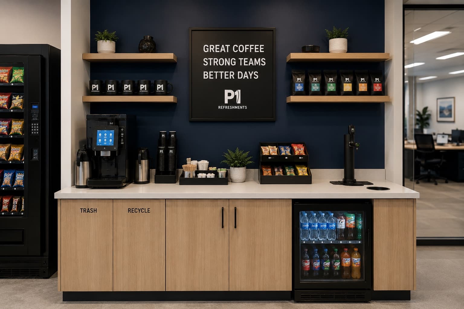 P1 Refreshments office coffee brewer with airpots set up on a breakroom counter for employees