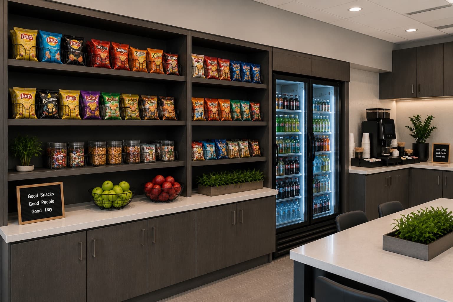 P1 Refreshments fresh-food cooler stocked with sandwiches, salads, fruit, and drinks