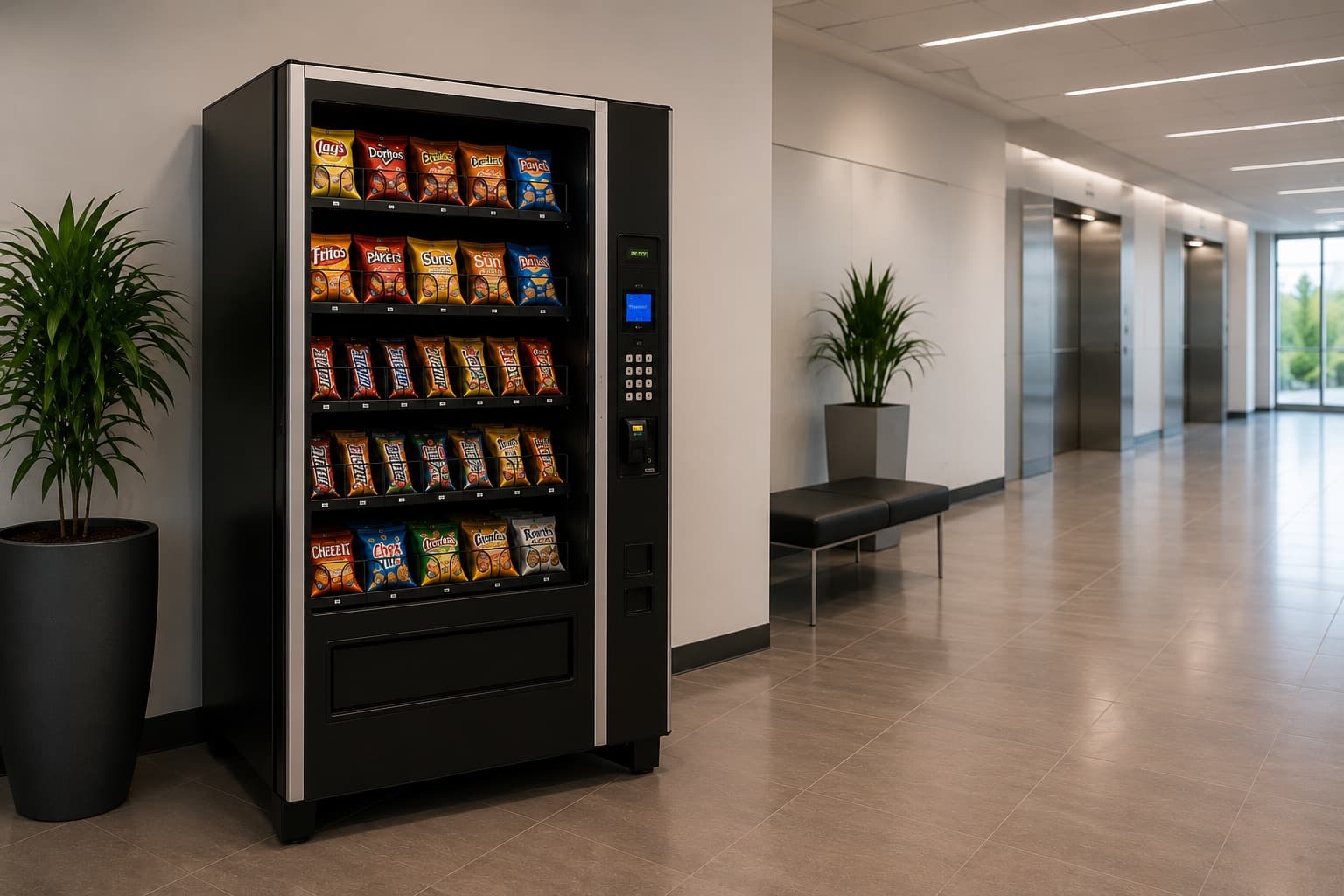 P1 Refreshments combo vending machine stocked with snacks and cold beverages in a workplace breakroom
