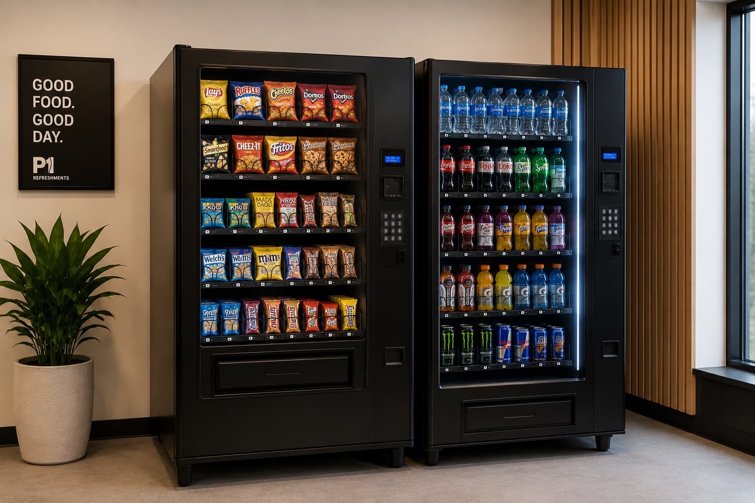 P1 Refreshments double-wide vending machine stocked with beverages and snacks