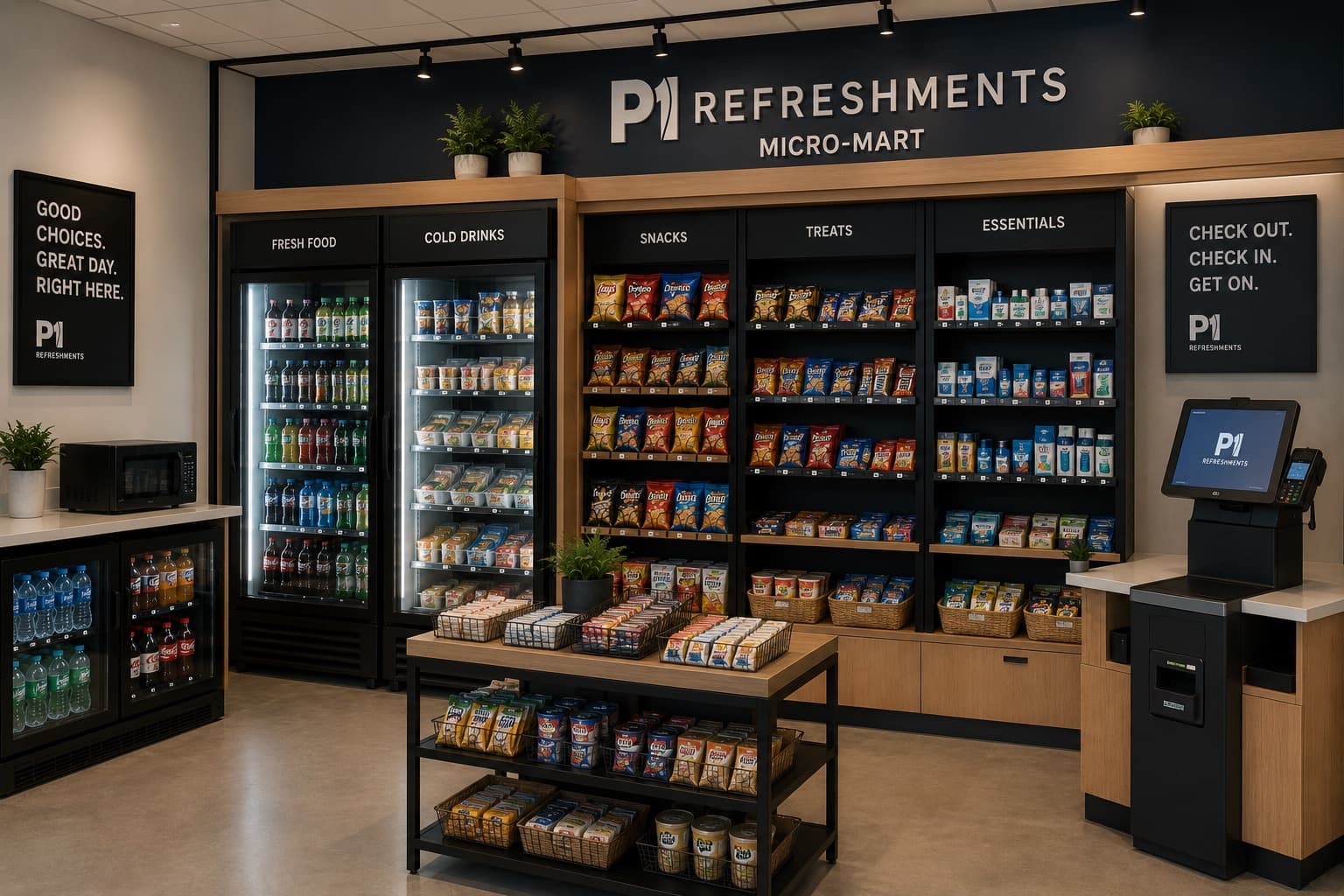 P1 Refreshments micro-market display fully stocked with chips, snacks, and drinks for self-checkout