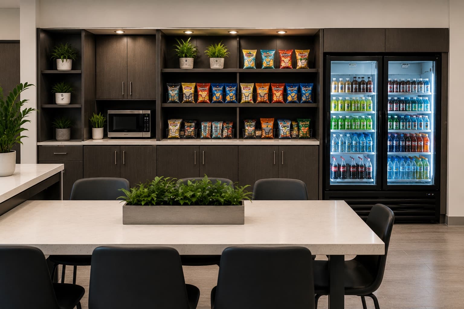 P1 Refreshments company-sponsored pantry shelves stocked with snacks and breakroom essentials