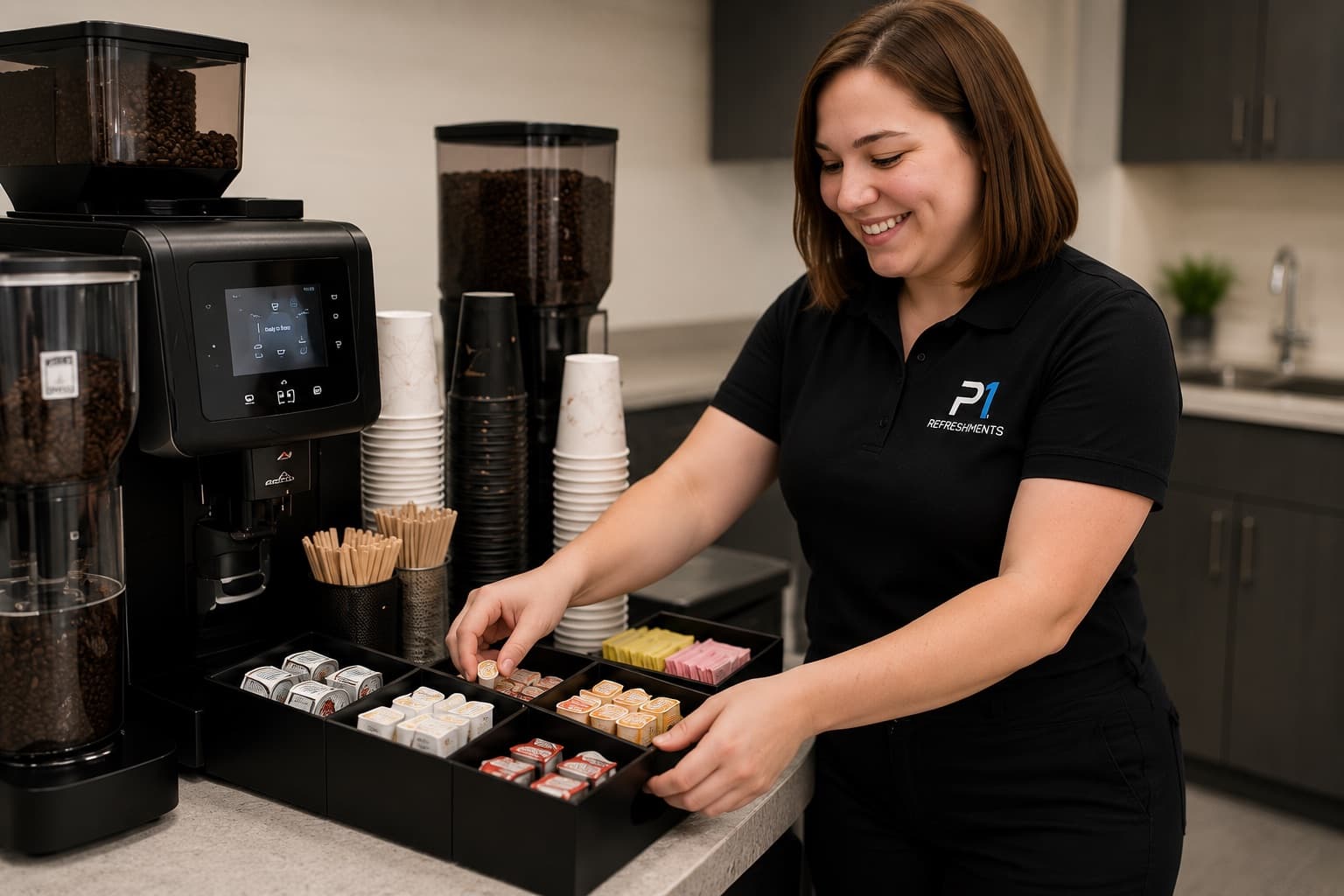 P1 Refreshments office coffee service set up with a brewer and fresh coffee in a workplace breakroom